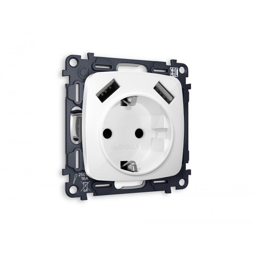 Комплект механизма розетки 2USB A+A 18W (быстрая зарядка) с/з, белый глянец «Quant Omega» mo109010