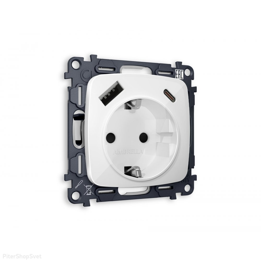 Комплект механизма розетки 2USB A+C 20W (быстрая зарядка) с/з, белый глянец «Quant Omega» mo110010
