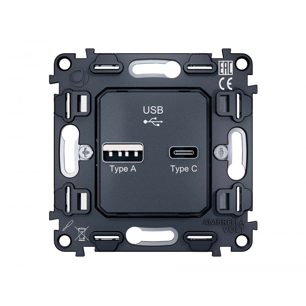 Механизм розетки 2USB A+C 20W (быстрая зарядка) «QUANT» VM177