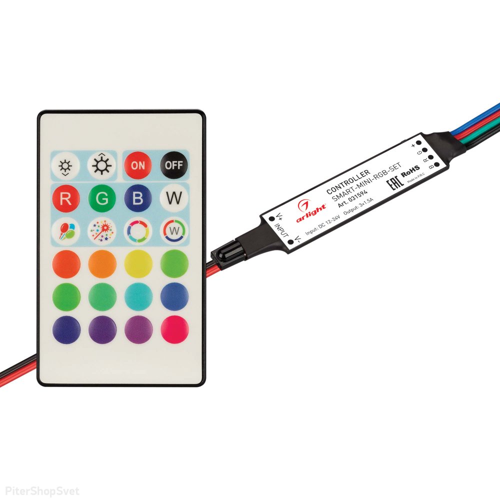 Комплект миниатюрного контроллера с ИК-пультом для RGB светодиодной ленты (ШИМ) «SMART-MINI-RGB-SET» 031594