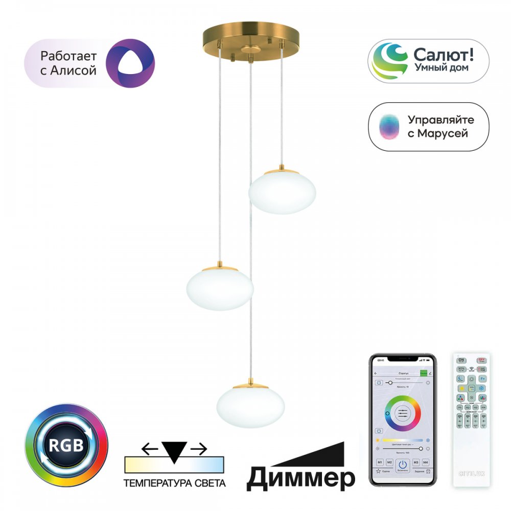 Умный светильник на круглом основании с подвесами 36Вт 3000-5500К + RGB «Atman» CL226A033