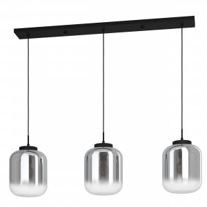 Тройной подвесной светильник на длинном основании, чёрный/дымчато-прозрачный «Bulciago»