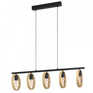 Чёрный длинный подвесной светильник с деревянными кольцами «Ipsden»