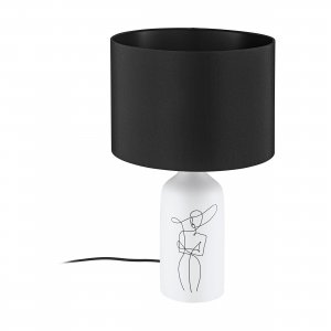 Бело-чёрная керамическая настольная лампа с абажуром цилиндр и рисунком дама в шляпе «Vinoza»