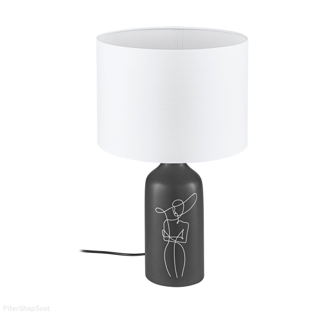 Чёрно-белая керамическая настольная лампа с абажуром цилиндр и рисунком дама в шляпке «Vinoza» 43823