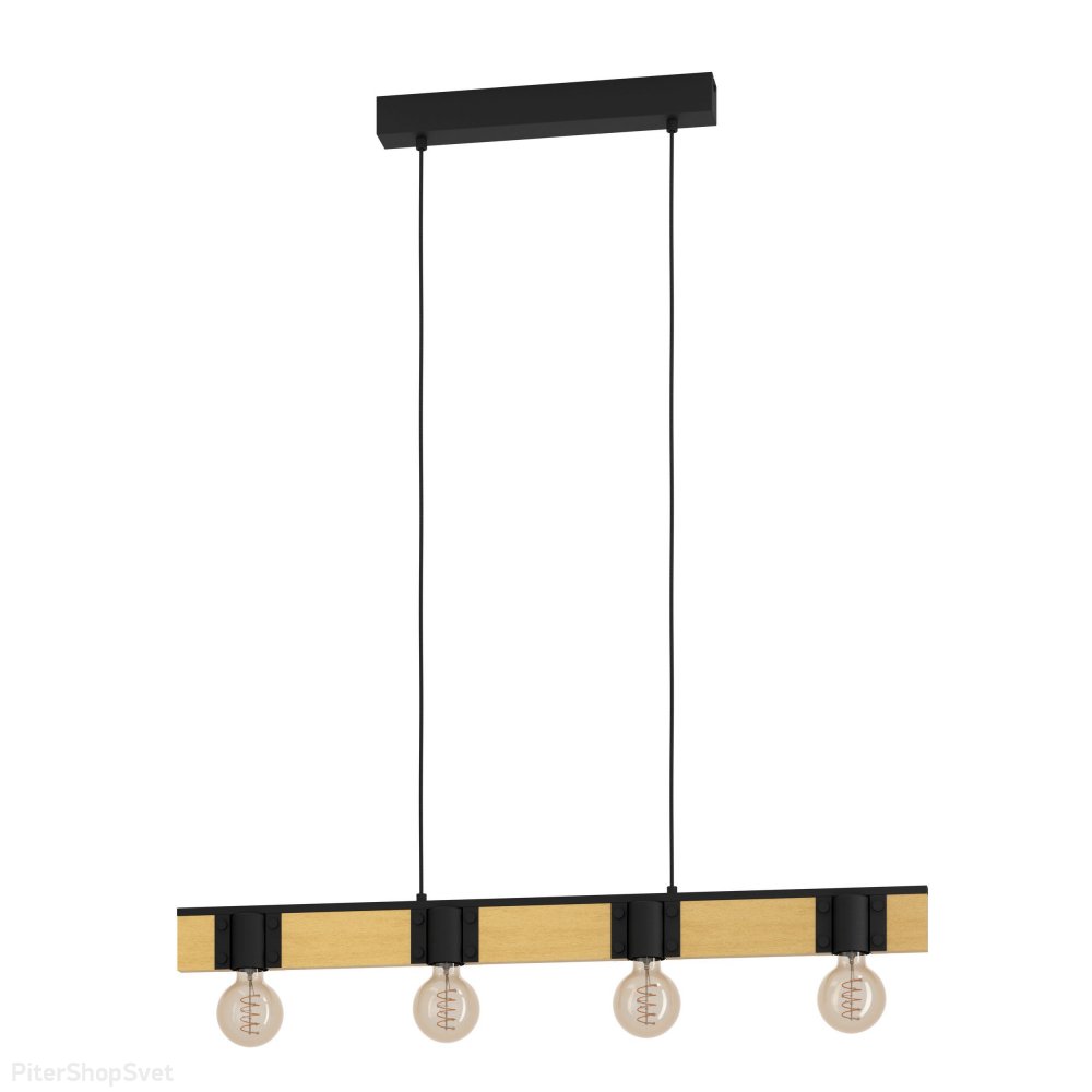 Длинный подвесной светильник с деревянным брусом и открытыми лампами «Bailrigg» 43902