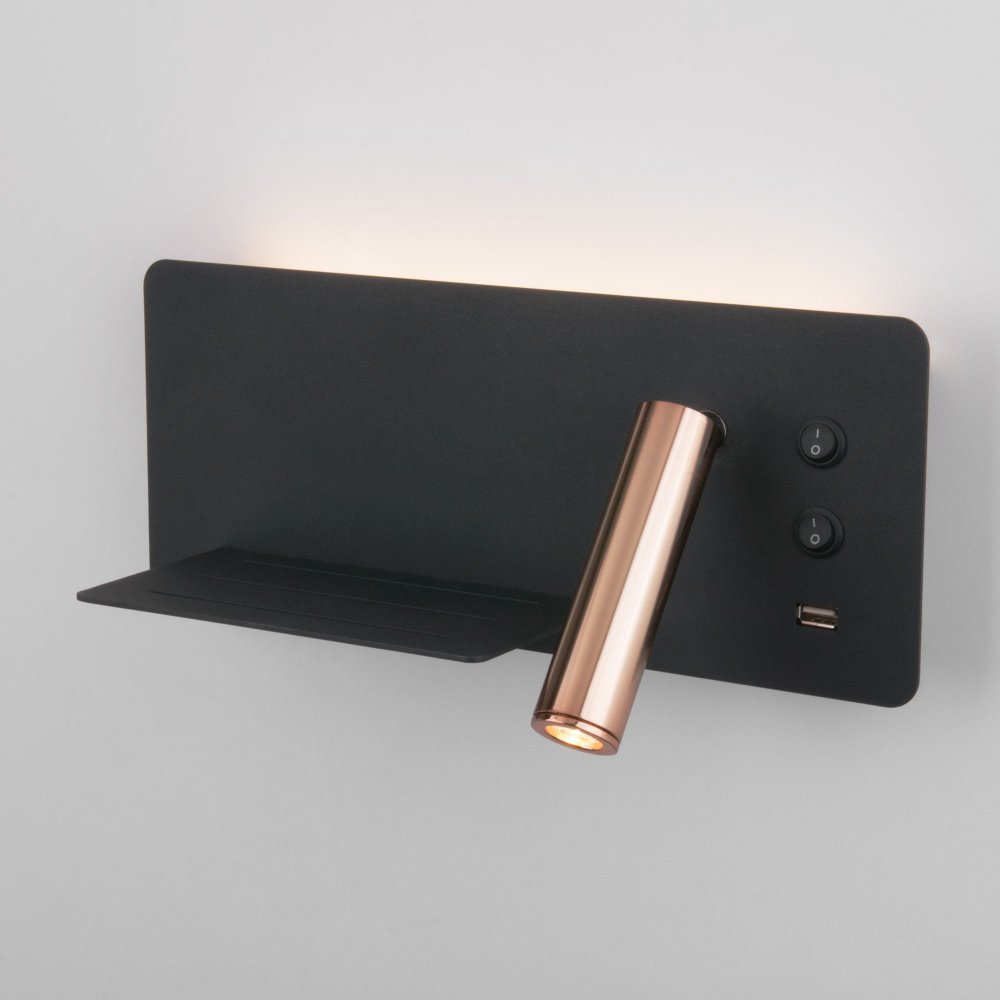 Чёрно-золотой левый настенный светильник подсветка с полкой и USB Fant L LED чёрный/золото (MRL LED 1113)