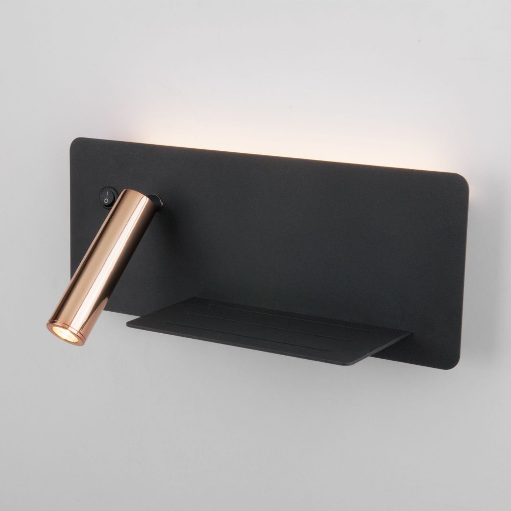 Чёрно-золотой правый настенный светильник подсветка с полкой и USB Fant R LED чёрный/золото (MRL LED 1113)