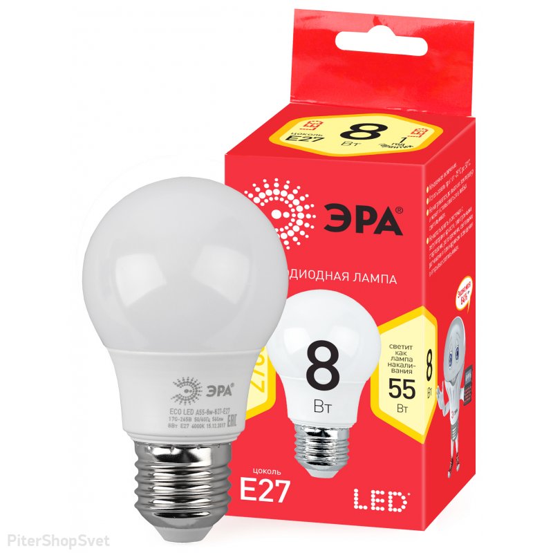 Лампочка светодиодная Е27 8Вт 2700К груша белая «ECO LED A55» ECO LED A55-8W-827-E27