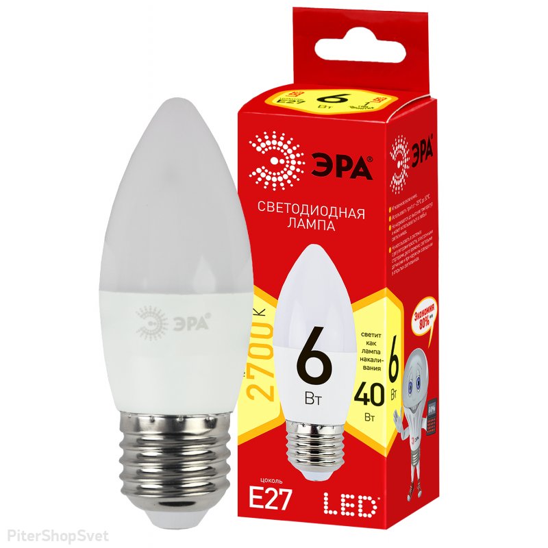 Лампочка Е27 6Вт 2700К свеча белая «ECO LED B35» ECO LED B35-6W-827-E27