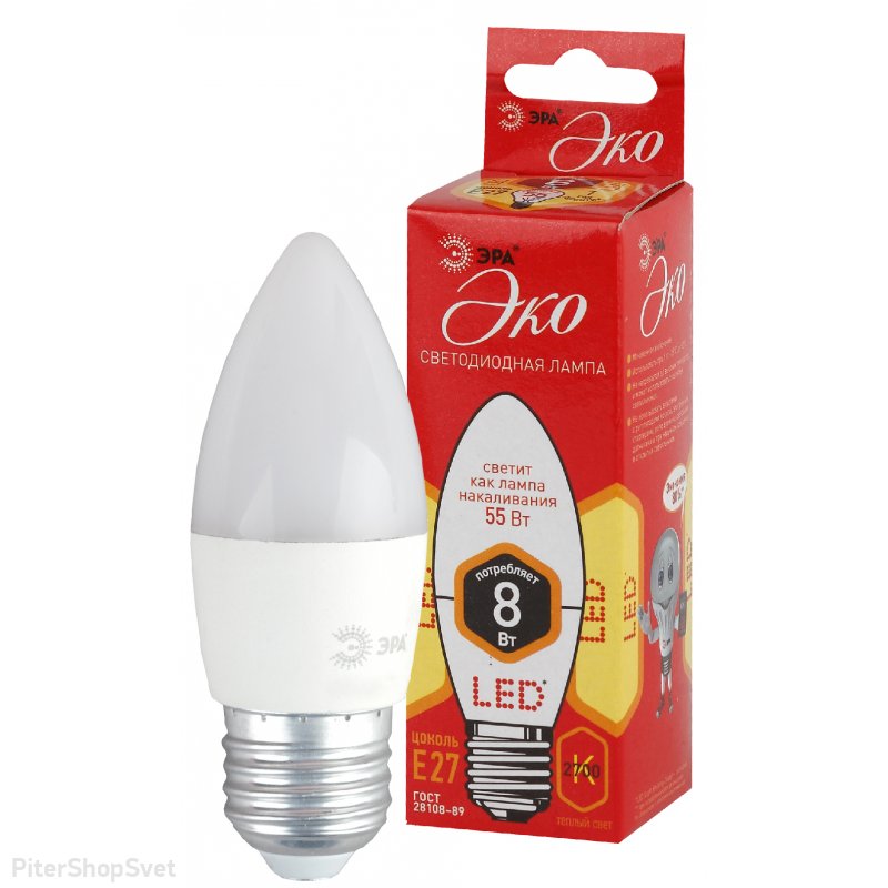 Лампочка Е27 8Вт 2700К свеча белая «ECO LED B35» ECO LED B35-8W-827-E27