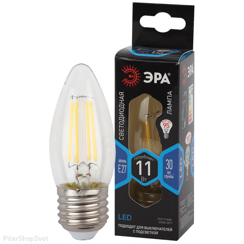 Лампочка Е27 11Вт 4000К прозрачная свеча «F-LED B35» F-LED B35-11w-840-E27
