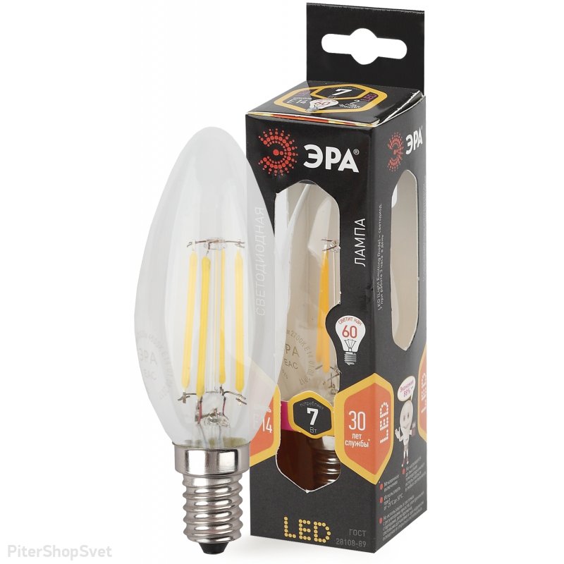 Лампочка Е14 7Вт 2700К прозрачная свеча «F-LED B35» F-LED B35-7W-827-E14