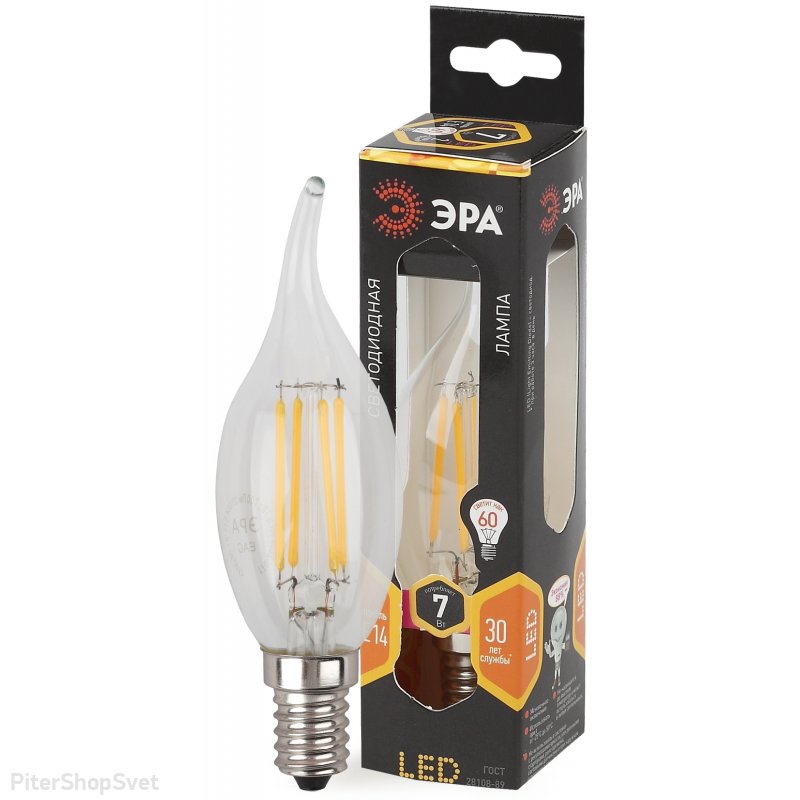 Лампочка Е14 7Вт 2700К прозрачная свеча на ветру «F-LED BXS» F-LED BXS-7W-827-E14