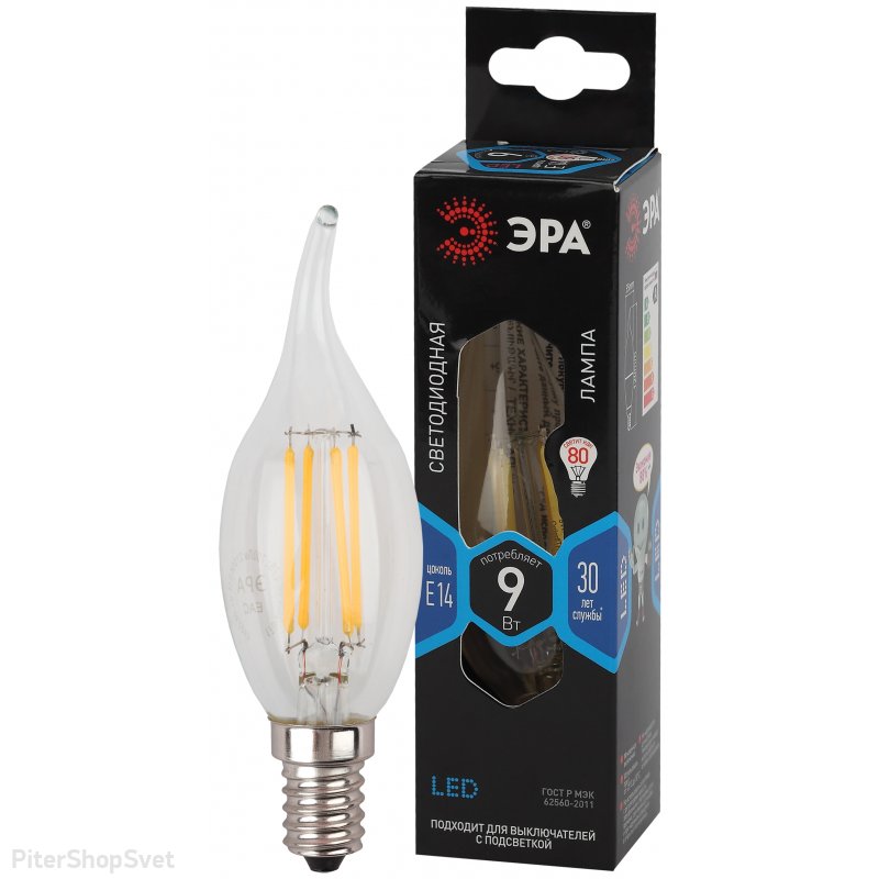 Лампочка Е14 9Вт прозрачная свеча на ветру «F-LED BXS» F-LED BXS-9W-840-E14