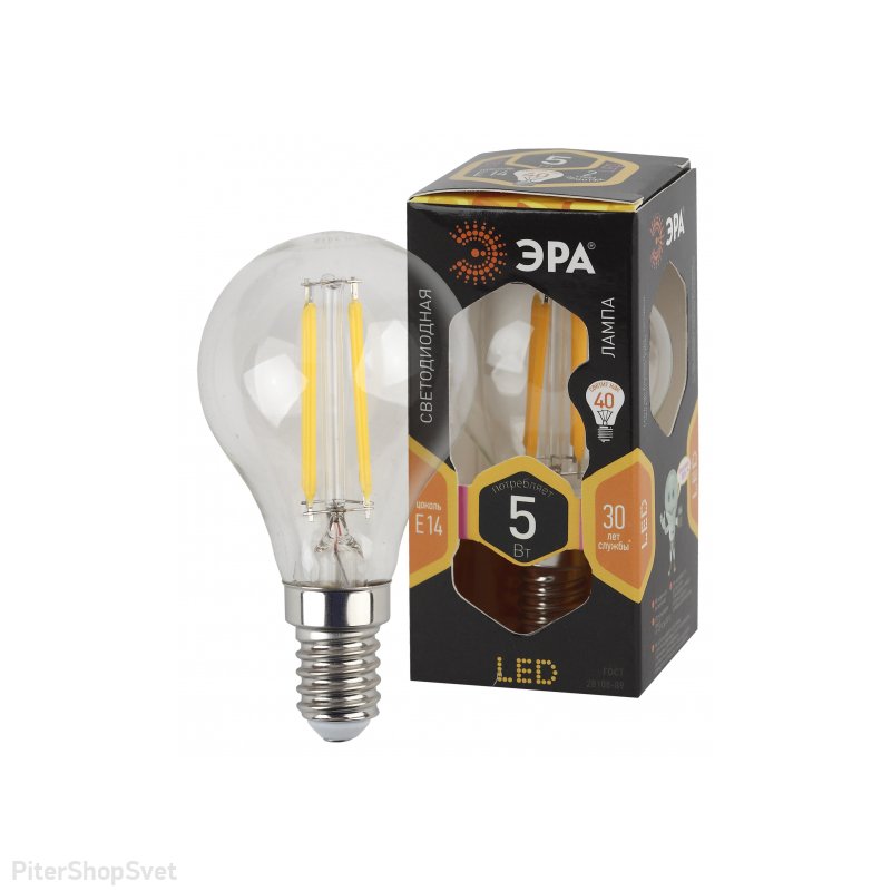 Лампочка Е14 5Вт 2700К прозрачная груша F-LED P45-5W-827-E14