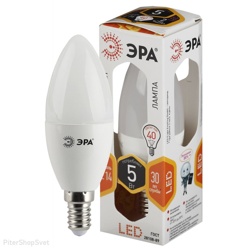 Лампочка Е14 5Вт 2700К белая свеча «LED B35» LED B35-5W-827-E14