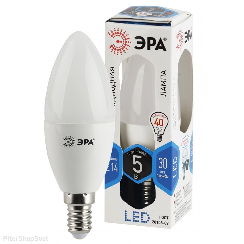 Лампочка Е14 5Вт 4000К белая свеча LED B35-5W-840-E14