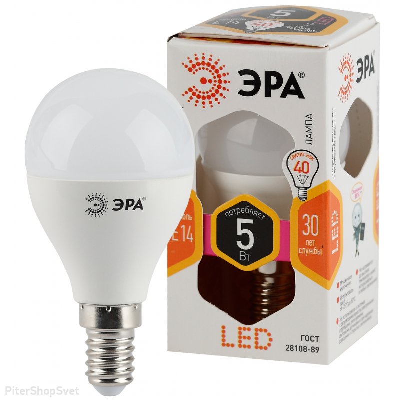Лампочка Е14 5Вт 2700К белый шарик LED P45-5W-827-E14 Б0028485