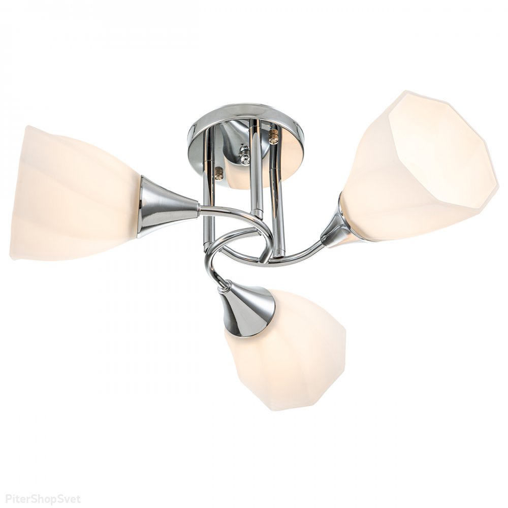 Хромированная трёхрожковая потолочная люстра с белыми плафонами «Camellia» 664/3P