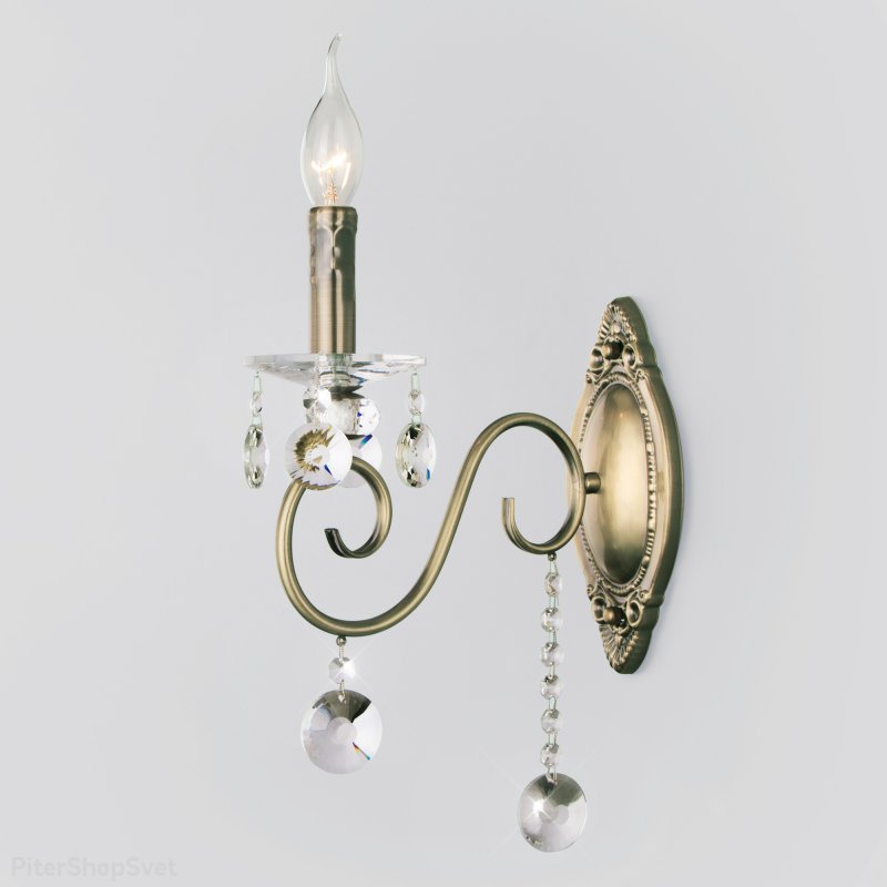 Бра свеча с хрустальными подвесками «Ravenna» 10104/1 античная бронза/прозрачный хрусталь Strotskis