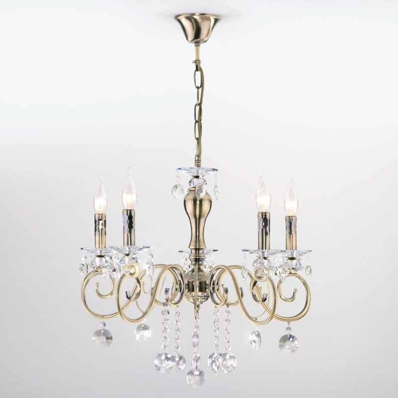 Люстра со свечами и хрустальными подвесками «Ravenna» 10104/5 античная бронза/прозрачный хрусталь Strotskis