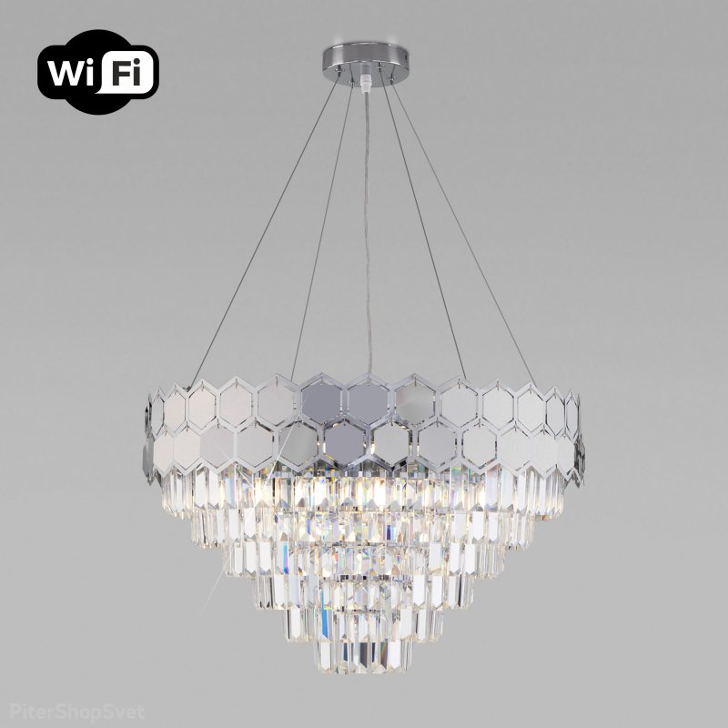 Хрустальная подвесная люстра с управлением по Wi-Fi «Ariana» 10124/8 хром/прозрачный хрусталь Strotskis Smart