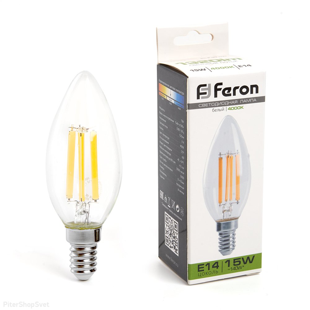 LED лампа Е14 15Вт 4000К прозрачная свеча «LB-717» 38258