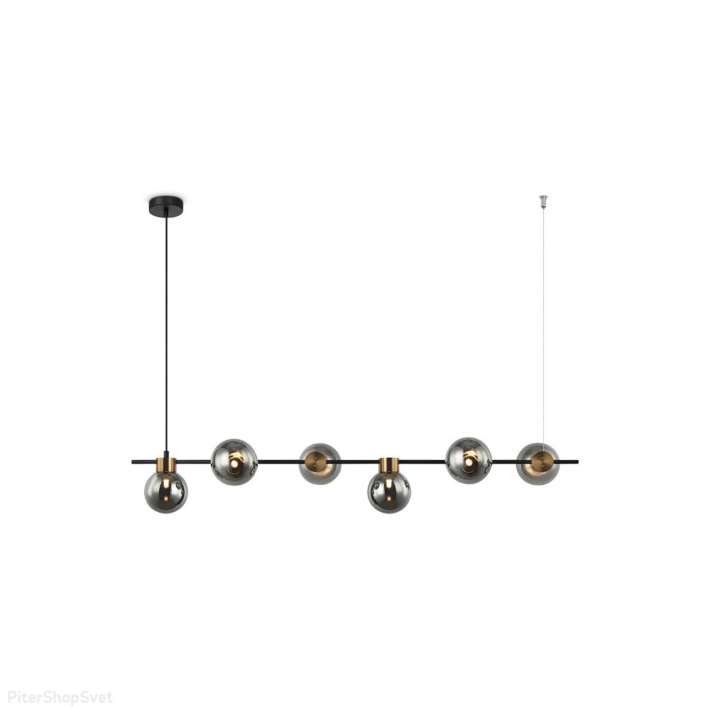 Длинный подвесной светильник с плафонами шар, чёрный/латунь/дымчатый «Gatsby» FR5232PL-06B1