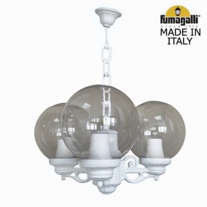 Белая уличная подвесная люстра с 3 дымчатыми плафонами шар 25см «SICHEM/GLOBE 250»
