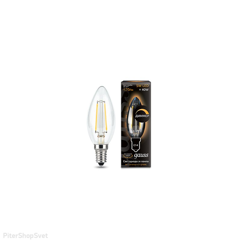 Диммируемая лампочка Е14 5Вт 2700К прозрачная свеча «Filament Candle dimmable» 103801105-D