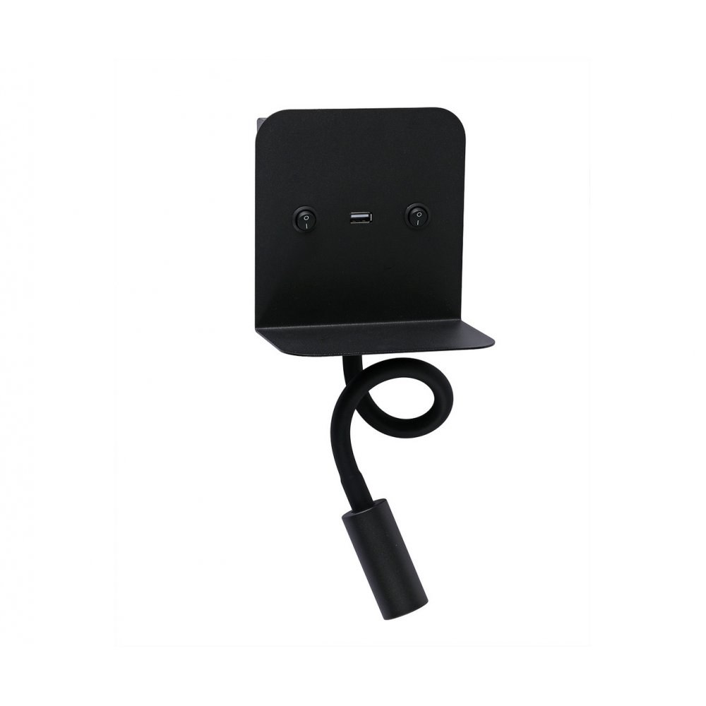 Чёрный гибкий настенный светильник-полка с выключателем и USB «Лалит» 08074,19