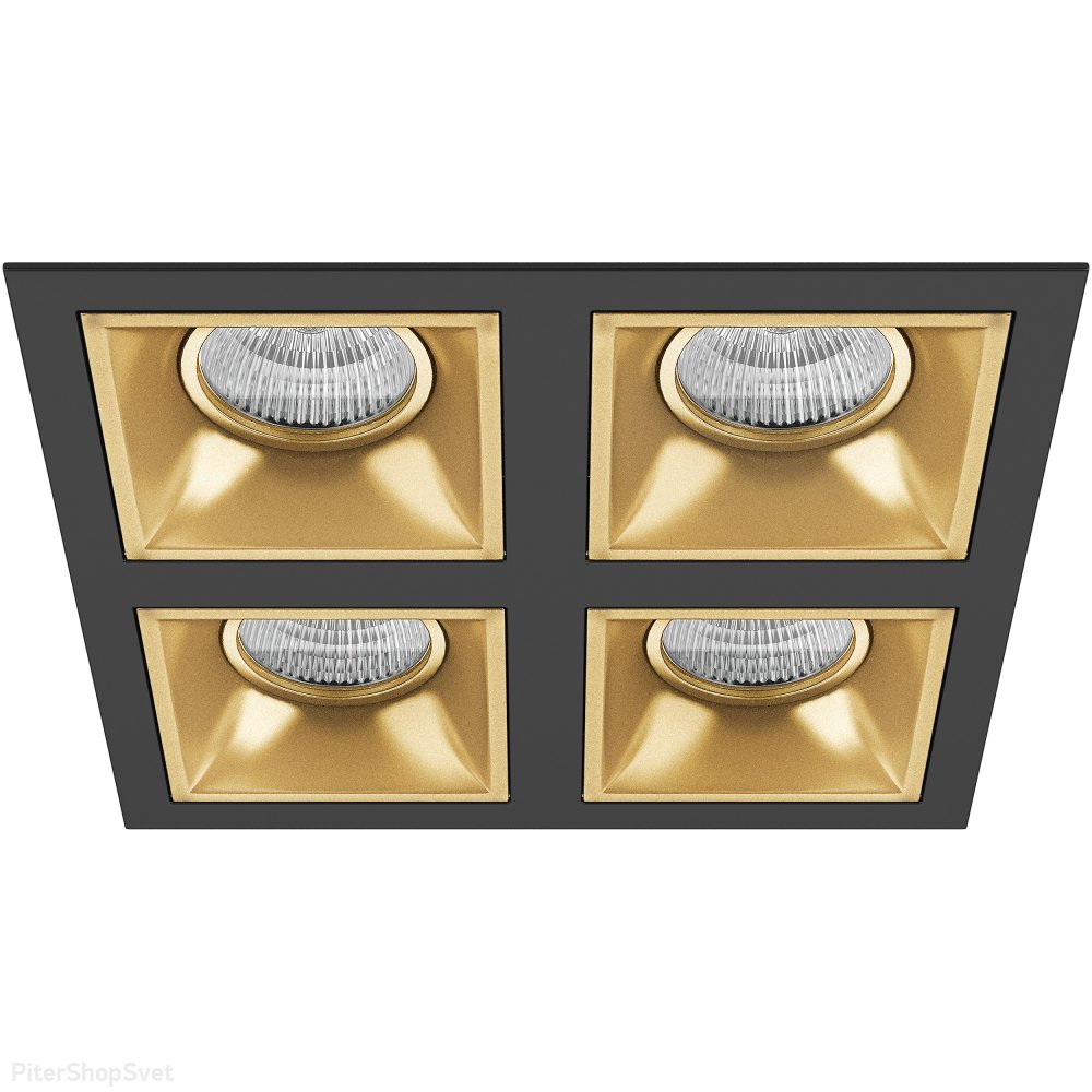 Прямоугольный встраиваемый светильник на четыре лампы, чёрный/золотой «Domino» D54703030303