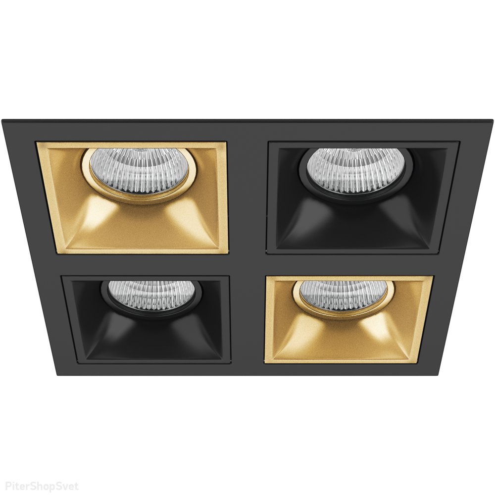 Прямоугольный встраиваемый светильник на четыре лампы, чёрный/золотой «Domino» D54703070307