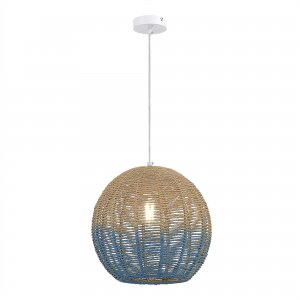 Бежево-синий подвесной светильник с плетённым плафоном из ротанга «Vimini»