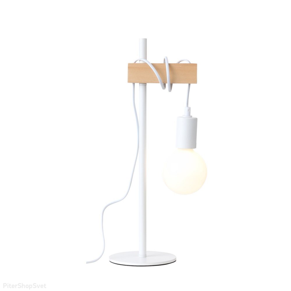 Белая настольная лампа с проводом на деревянном бруске и открытой лампой «Bagetti» SL1142.504.01