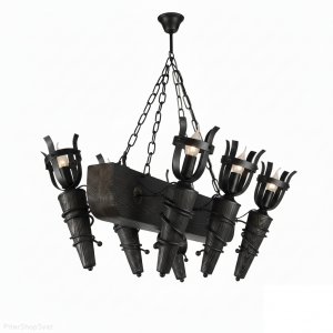 Деревянная чёрная люстра балка с шестью факелами «Факел-6 ночь»