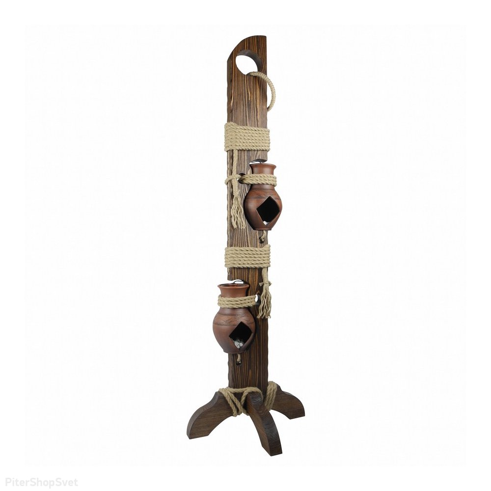 Напольный светильник с двумя горшками на деревянном столбе с канатами