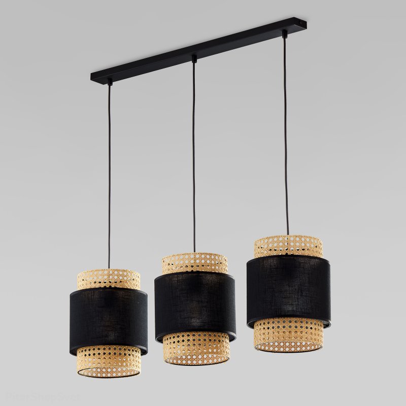 Тройной подвесной светильник с ротангом «Boho» 6541 Black