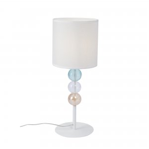 Белая настольная лампа с цилиндрическим абажуром и цветными шариками на основании