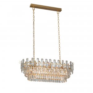 Длинная подвесная люстра золотого цвета с подвесками