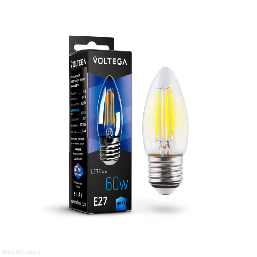 LED лампа Е27 6Вт 4000К прозрачная свеча «Candle E27 6W» 7029