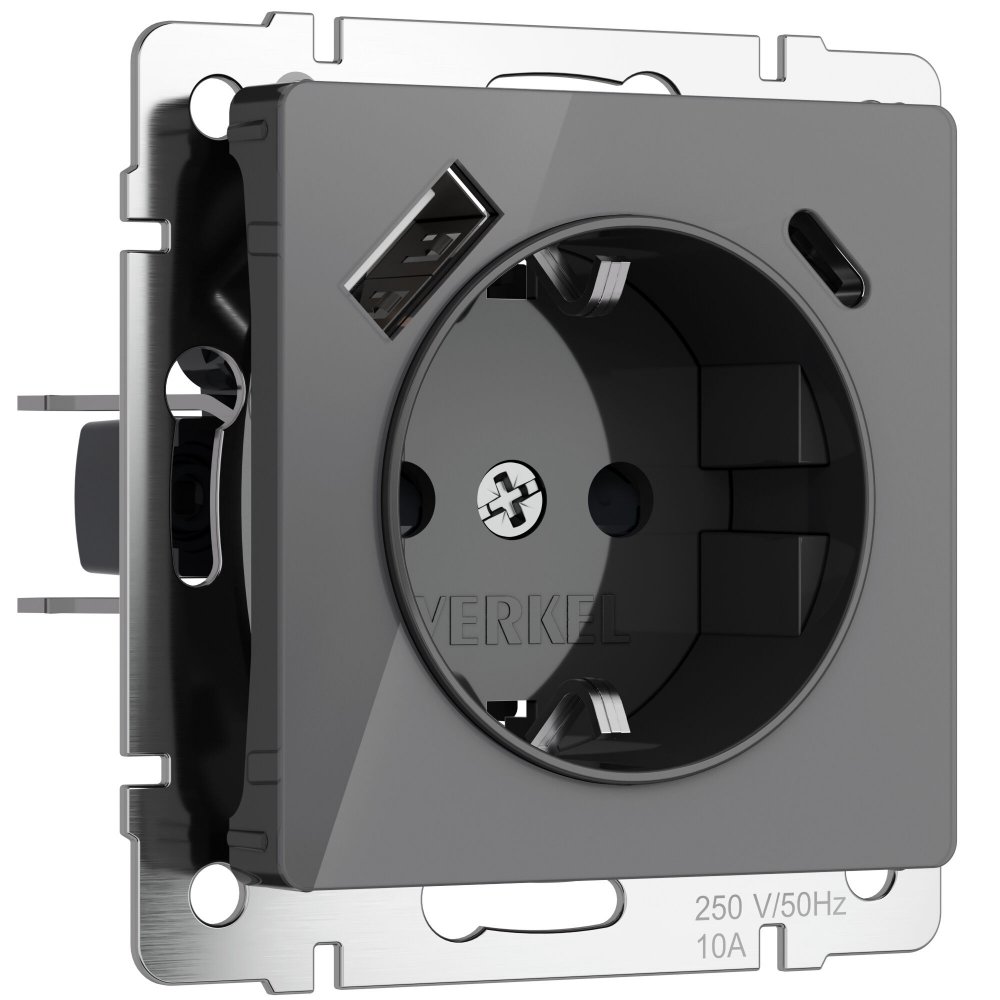 Розетка с заземлением, шторками и USB тип A+C «Графит акрил» W1171744