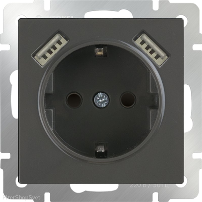 Розетка с заземлением, шторками и USBх2 серо-коричневая WL07-SKGS-USBx2-IP20