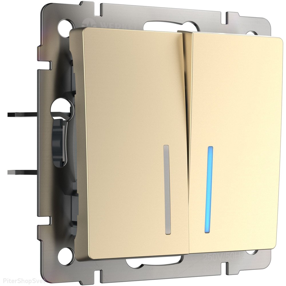 WL11-SW-2G-2W-LED/ Выключатель двухклавишный проходной с подсветкой (шампань)
